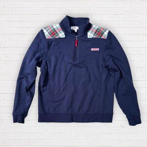 VINEYARD VINES 1/4 Zip Holiday Mistletoe Jolly Plaid Navy Blue Shep Pullover M